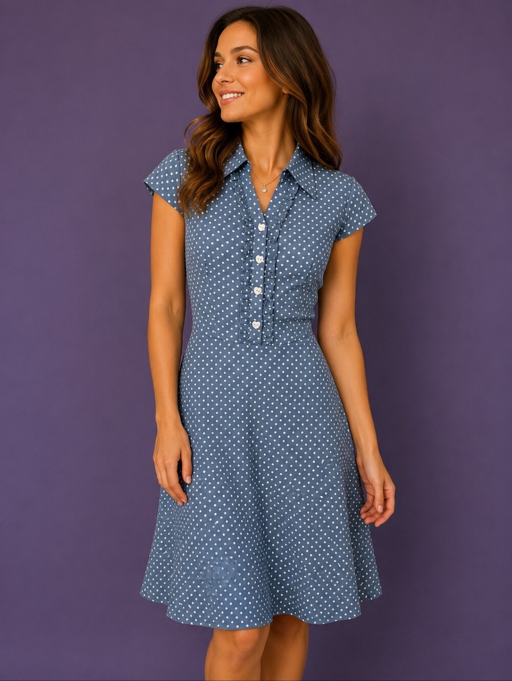 WEDTREND Retro Pin-up Blue & White Polka Dot Collared Ruffle Fit-and-Flare Dress